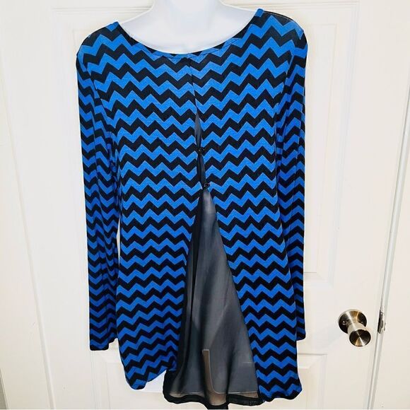 Shanley Chevron Mesh Back Casual Long Sleeve Top Hi Lo Hem Royal Blue Black M - Picture 6 of 12